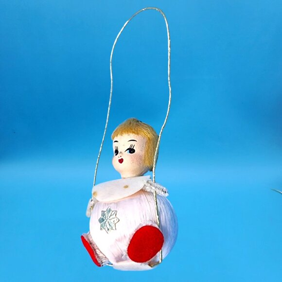 Vintage 1960s Satin Ball Angel Ornament Foil Wings Spun Cotton Composite Face v4 - Picture 6 of 8